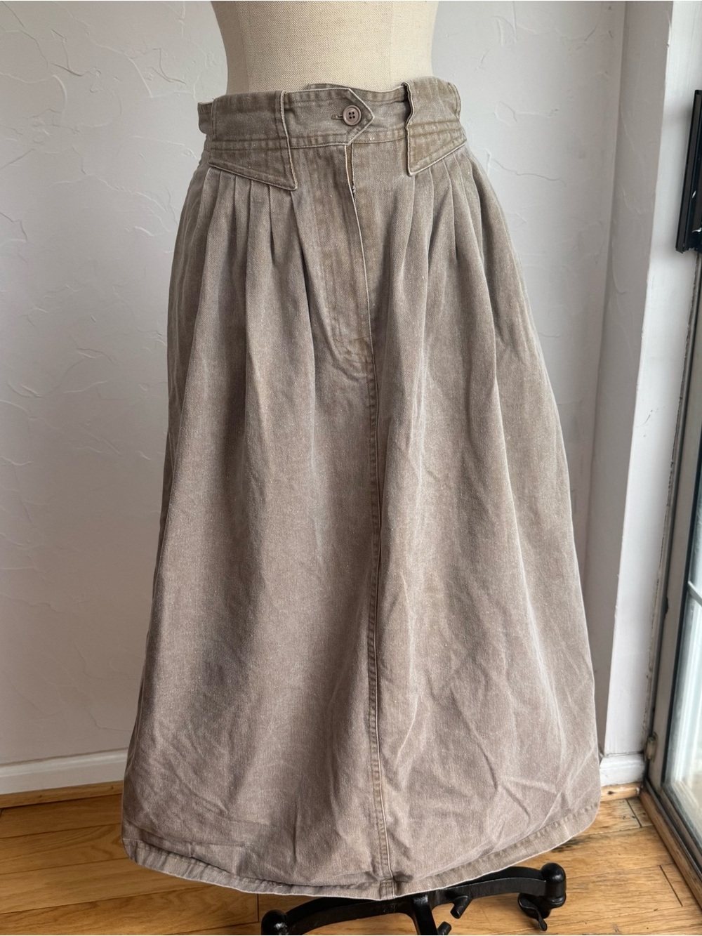 Vintage Crazy Horse Tan Cotton Denim Maxi Skirt High Waisted Pleated Fall